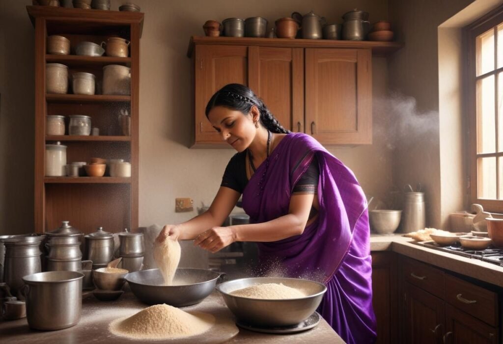 "Homemade flour process""Indian women in Kitchen"